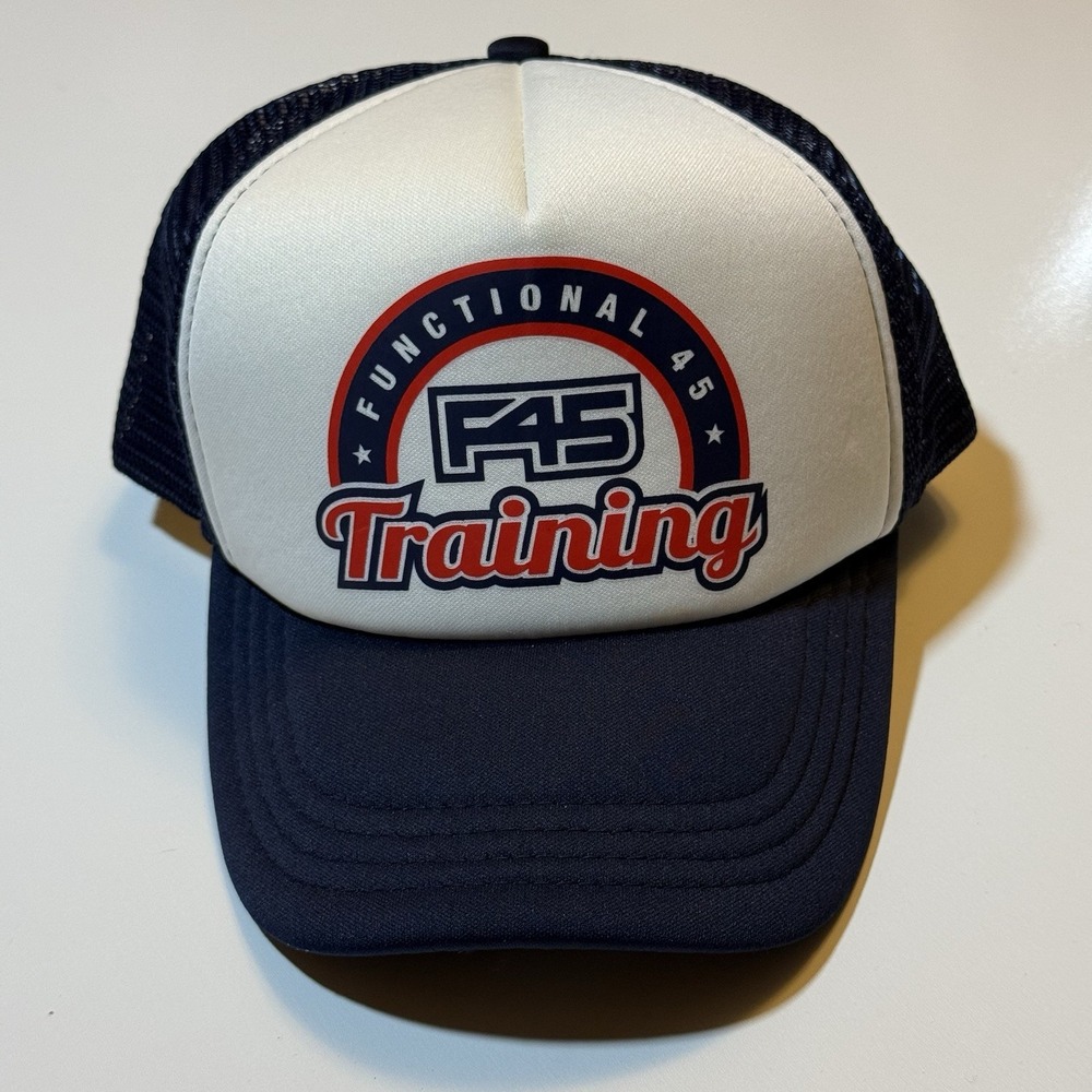 F45 Training Heritage Trucker Hat Navy Blue White Red Adjustable Mesh Snapback